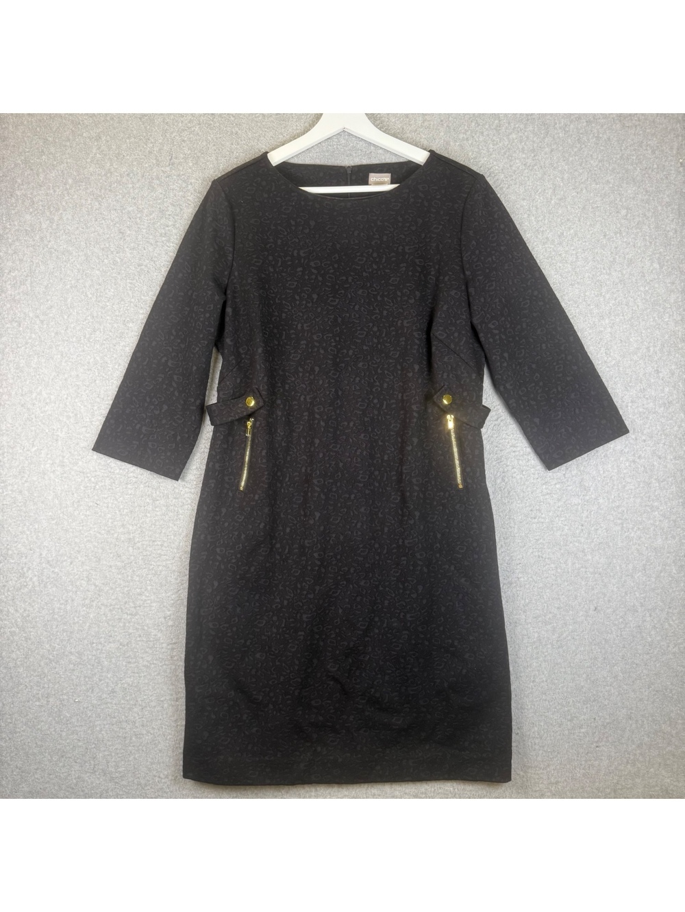 Chico’s Women’s Black Sheath Dress Gold Zipper Accents 1.5 / US 10 Knee Length